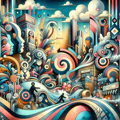 The primary subject of the image is a colorful, surreal cityscape featuring a man walking on a rainbow-colored path. The setting is a futuristic city with a mix of buildings and clouds. The visual style is a combination of digital art and illustration, creating a vibrant and imaginative scene. The colors and mood are lively and uplifting, with the rainbow path adding a sense of joy and wonder to the image.